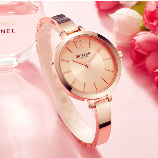 “Fashion Gold Women’s Watch, Stainless Steel, Ultra-Thin Quartz, Romantic Clock.”