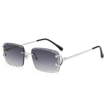 “Square rimless sunglasses, trendy metal frame, high-grade unisex street style.”