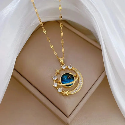 “Luxury gold titanium steel necklace with planet, moon, astronaut pendants.”
