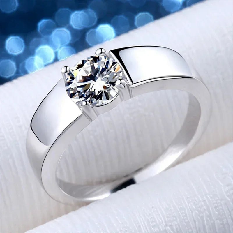 “2-carat D color moissanite men’s wedding band, 925 sterling silver, GRA certified.”