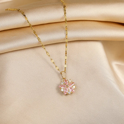 “Romantic Pink Sakura Pendant Necklace, Stainless Steel Clavicle Chain Jewelry”