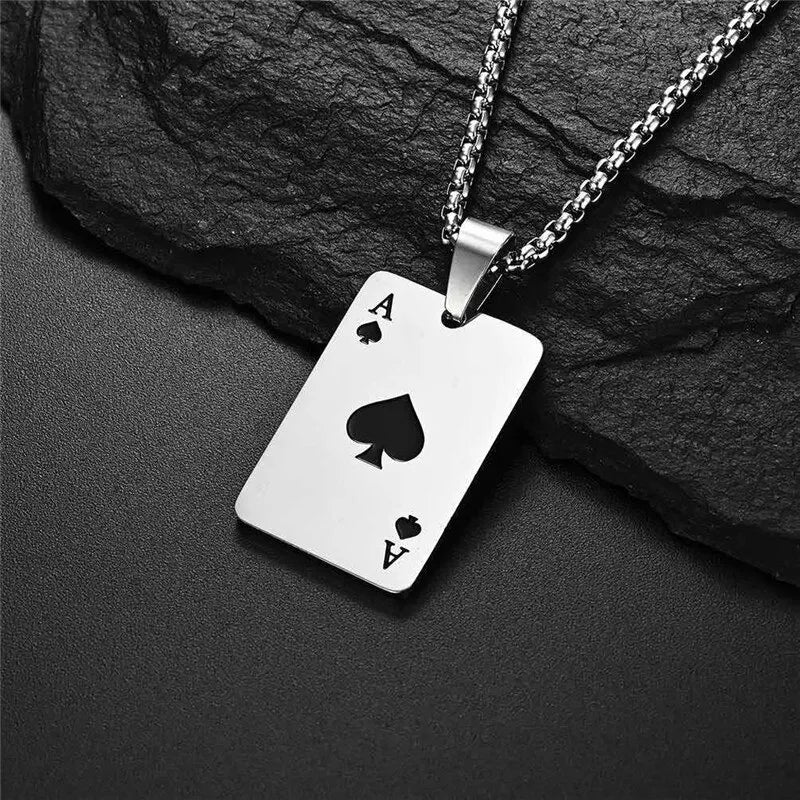 “2Piece Hip Hop Stainless Steel Poker Card Ace of Spades Necklace - Unisex Jewelry.”