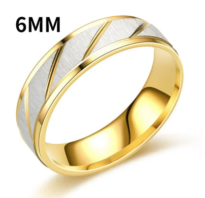 “Fashion gold striped couple rings, 6mm & 4mm stainless steel, contrast color, perfect Valentine’s gifts.”