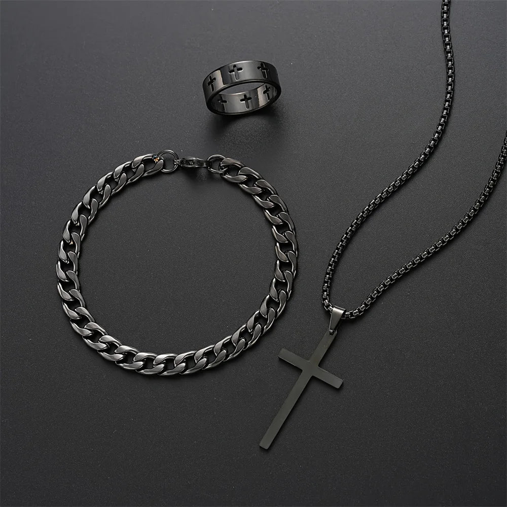 “3pcs Men’s Stainless Steel Metal Cross Pendant Set - Necklace, Bracelet, Ring for Daily Wear.”