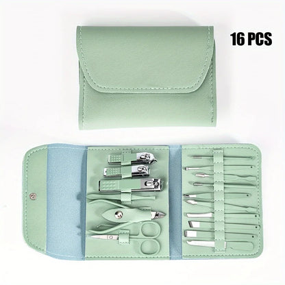 “16-piece professional manicure set with nail clippers, cuticle nippers, and travel case.”