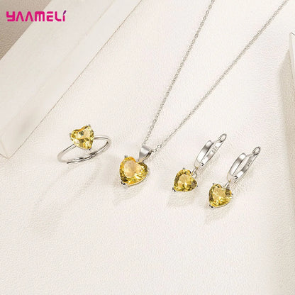 “Romantic 925 Sterling Silver Jewelry Set - Heart-Shaped Zircon Earrings, Necklace, and Ring.”