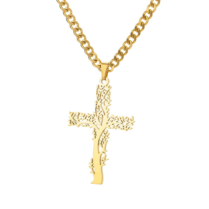“Zircon Cross Pendant Necklace for Women - Gold Stainless Steel Jewelry.”