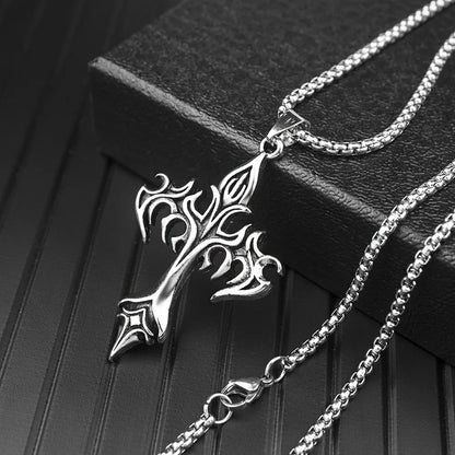 “Hip Hop Stainless Steel Flame Cross Pendant Necklace - Goth Jewelry for Men & Women.”