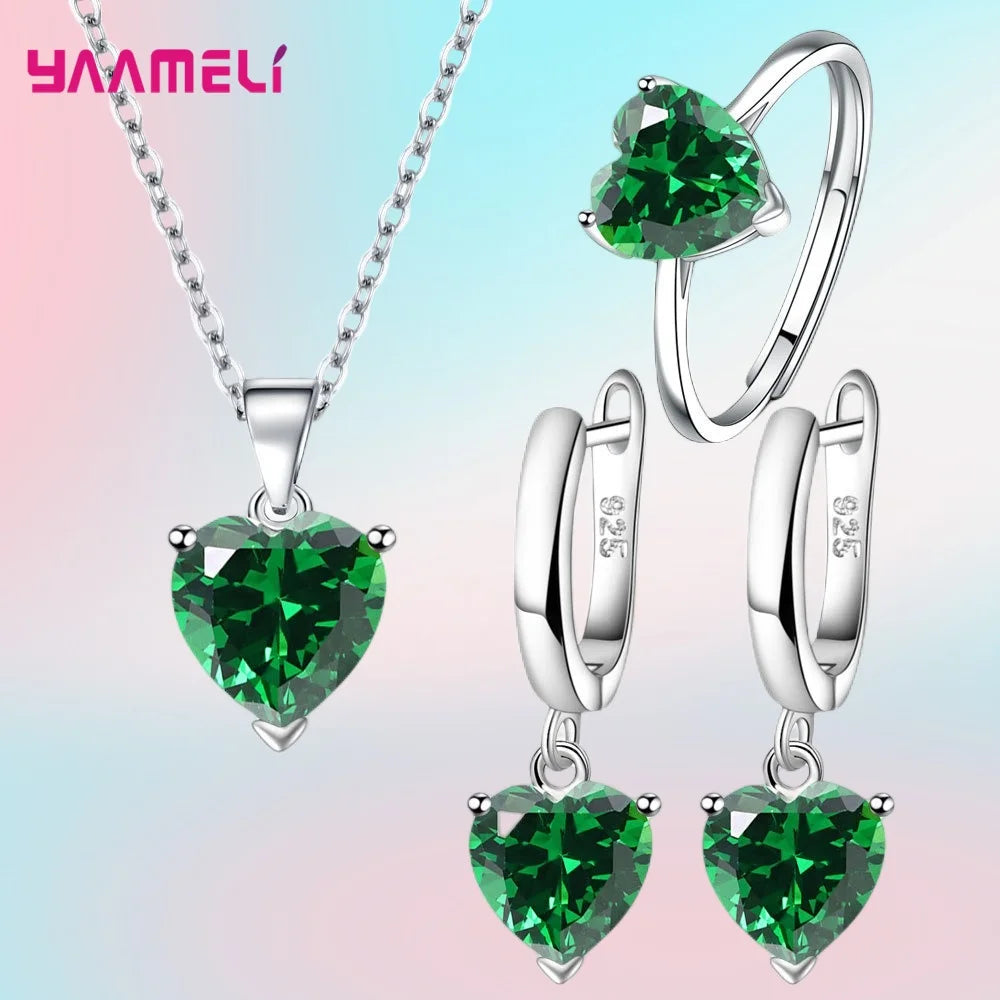 “Romantic 925 Sterling Silver Jewelry Set - Heart-Shaped Zircon Earrings, Necklace, and Ring.”