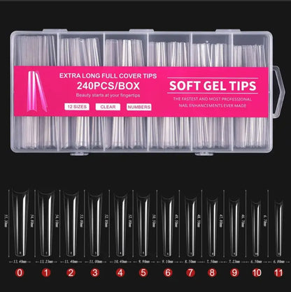 “240Pcs Clear Extra Long C Curve Nail Tips, Acrylic Gel DIY Professional Kit.”