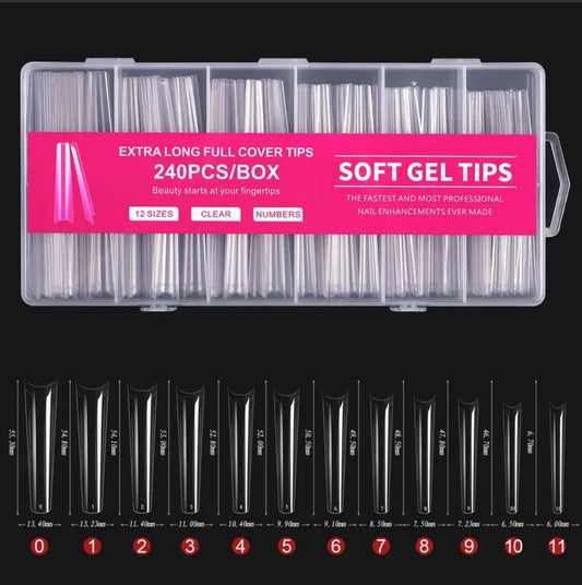 “240Pcs Clear Extra Long C Curve Nail Tips, Acrylic Gel DIY Professional Kit.”