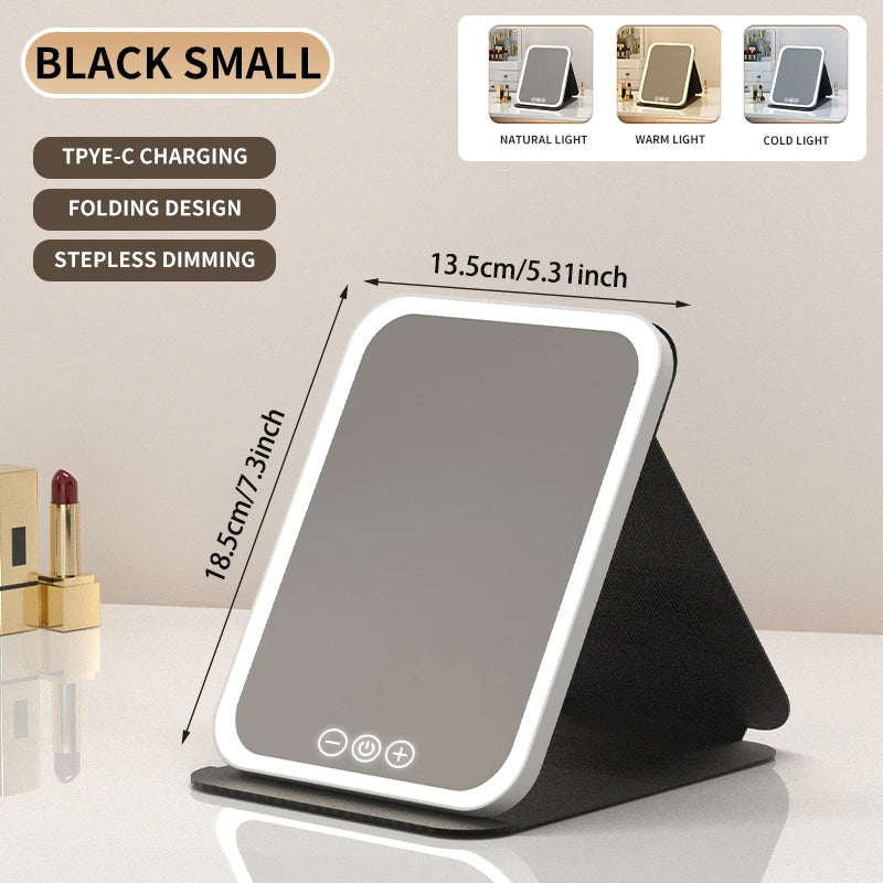 "3 Colors dimmable LED makeup mirror with touch screen, foldable, rechargeable, travel-friendly."