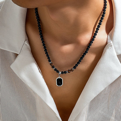 “Black Beads with Square Pendant Necklace for Men - Trendy Fashion Jewelry.”