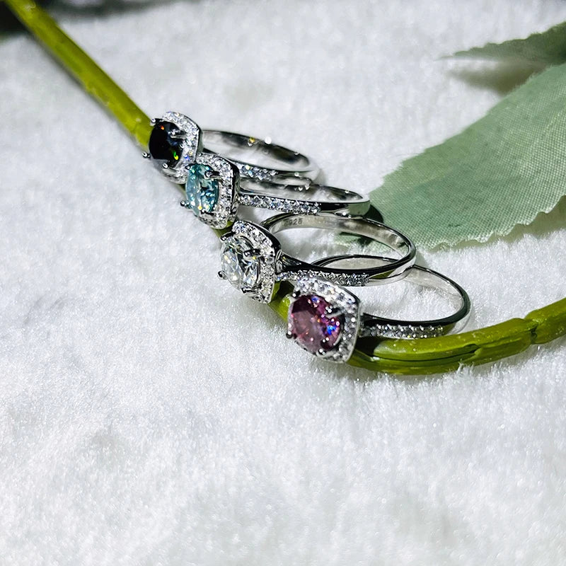 “1-carat colored moissanite ring, 925 sterling silver, classic wedding jewelry.”