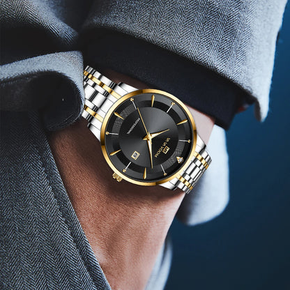 “Men’s Stainless Steel Luxury Watch, Blue-Gold Quartz, Business Style, 43mm.”