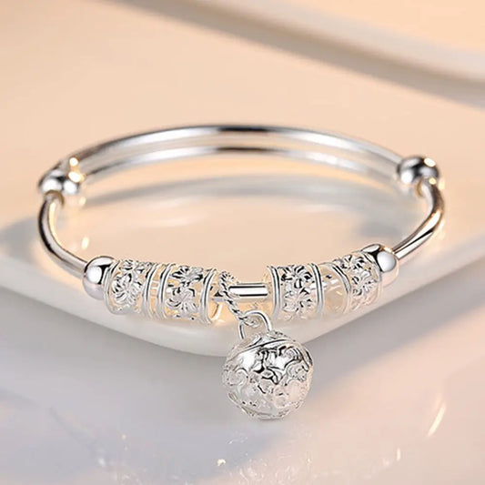 “Fine Silver Color Hollow Bell Ball Bangles, Adjustable Bracelets for Women, Fashion Jewelry.”