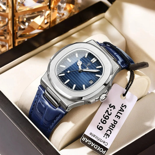 “Top Luxury Square Man Watch Date Waterproof Luminous Men’s Quartz Leather”