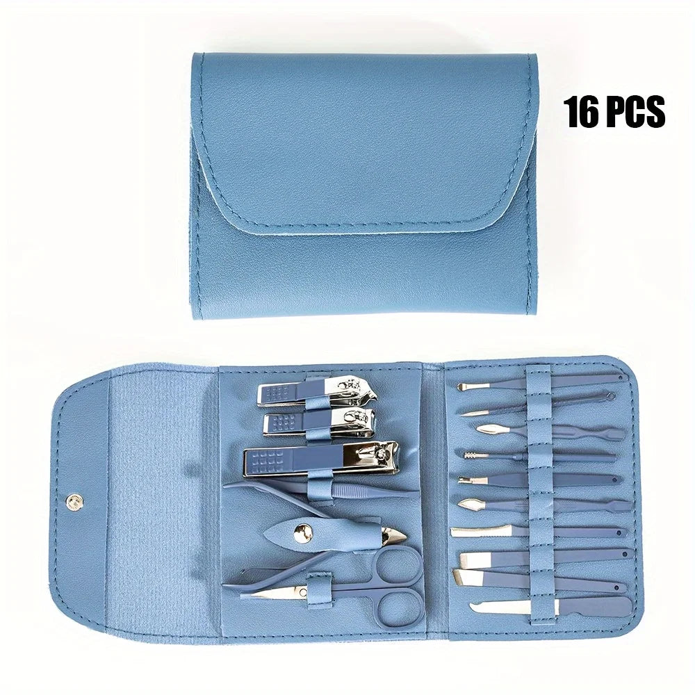 “16-piece professional manicure set with nail clippers, cuticle nippers, and travel case.”