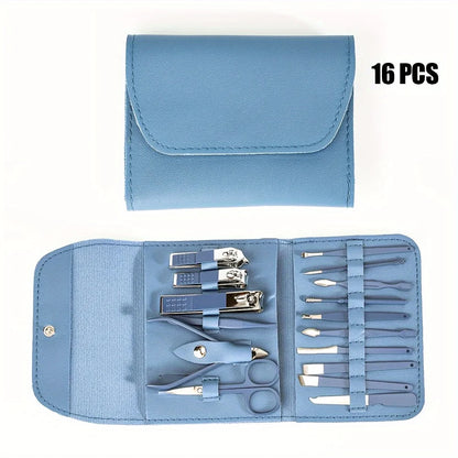 “16-piece professional manicure set with nail clippers, cuticle nippers, and travel case.”