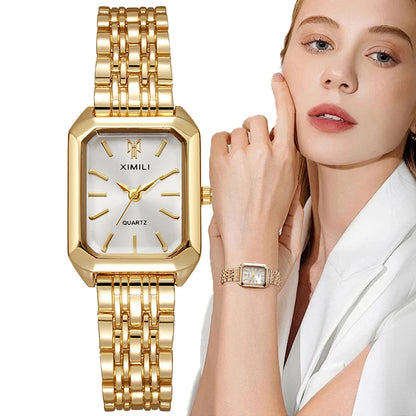 “Luxury Ladies’ Fashion Quartz Watch - Gold-Plated Square Design, Stainless Steel Strap.”