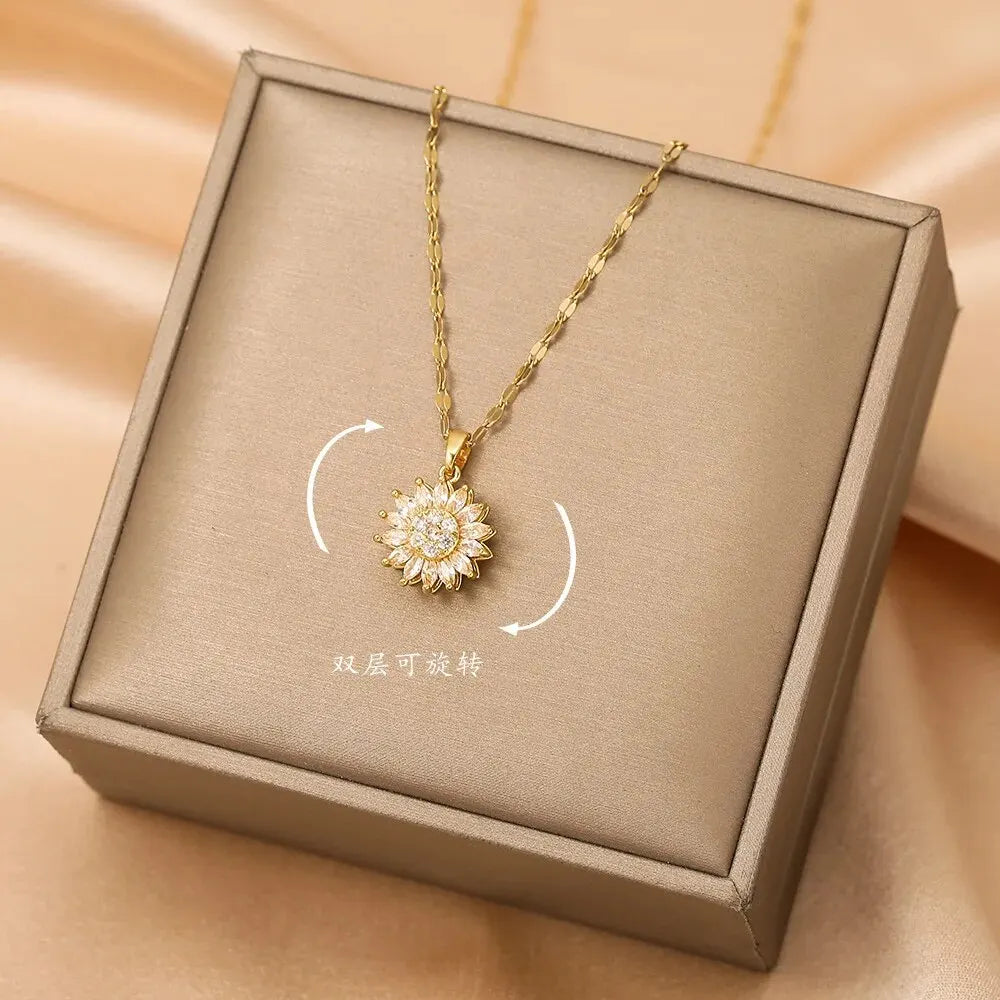 “Trendy Spin Sunflower Stainless Steel Zircon Necklace for Women, Elegant Party Gift.”