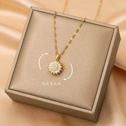 “Trendy Spin Sunflower Stainless Steel Zircon Necklace for Women, Elegant Party Gift.”