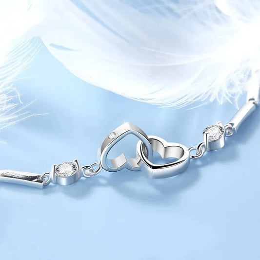 “925 sterling silver double heart bracelet, cubic zirconia, perfect Valentine’s gift.”