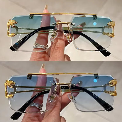 “Retro frameless unisex sunglasses, nickel double-layer design, UV400 protection.”