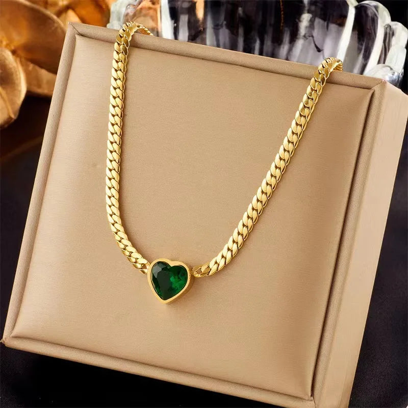 “Stainless Steel Heart-Shaped Green & White Crystal Pendant Necklace & Bracelet Set.”