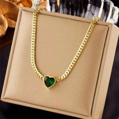“Stainless Steel Heart-Shaped Green & White Crystal Pendant Necklace & Bracelet Set.”