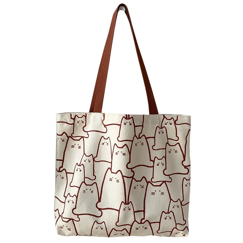 “Canvas tote bag for women, cute cat design, zipper, small Japanese style.”