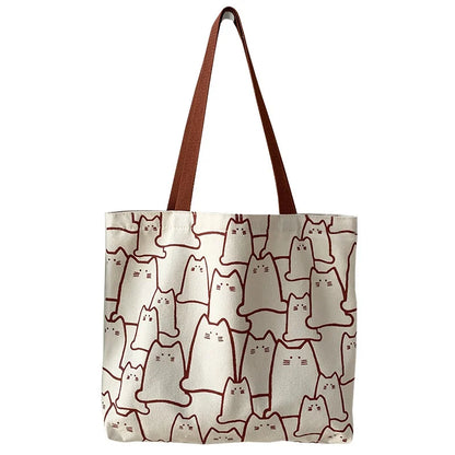 “Canvas tote bag for women, cute cat design, zipper, small Japanese style.”