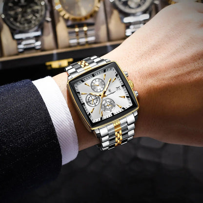 “Luxury waterproof square sport men’s watch with luminous chronograph, quartz, stainless steel.”