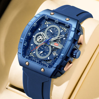 “Men’s multifunctional watch with quartz movement, blue dial, silicone strap, casual fashion.”