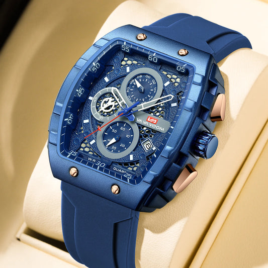 “Men’s multifunctional watch with quartz movement, blue dial, silicone strap, casual fashion.”