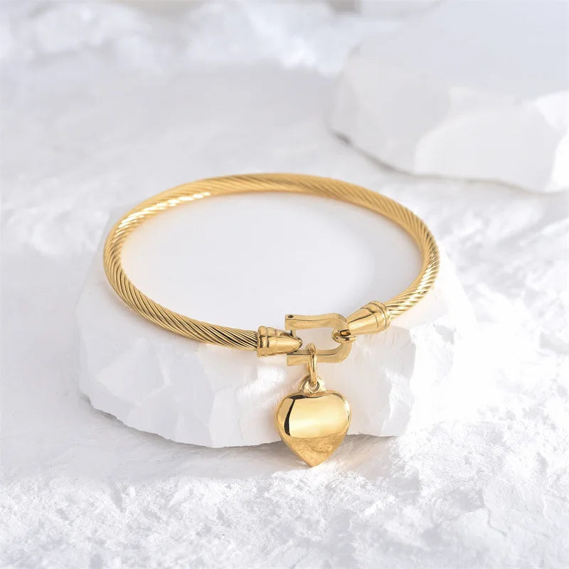 “18k Gold Color Stainless Steel Heart Pendant Charm Bangle Bracelets For Men Women”