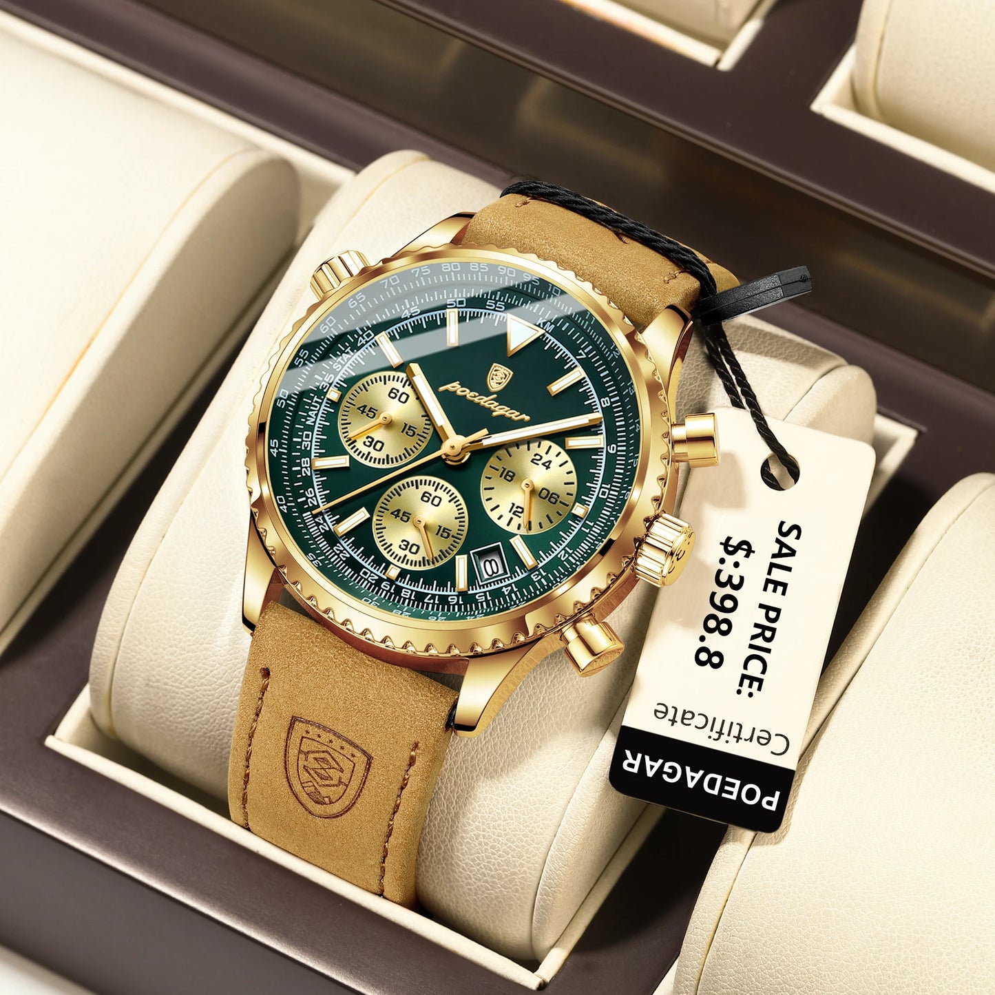 “Luxury waterproof quartz men’s watch with luminous date chronograph.”