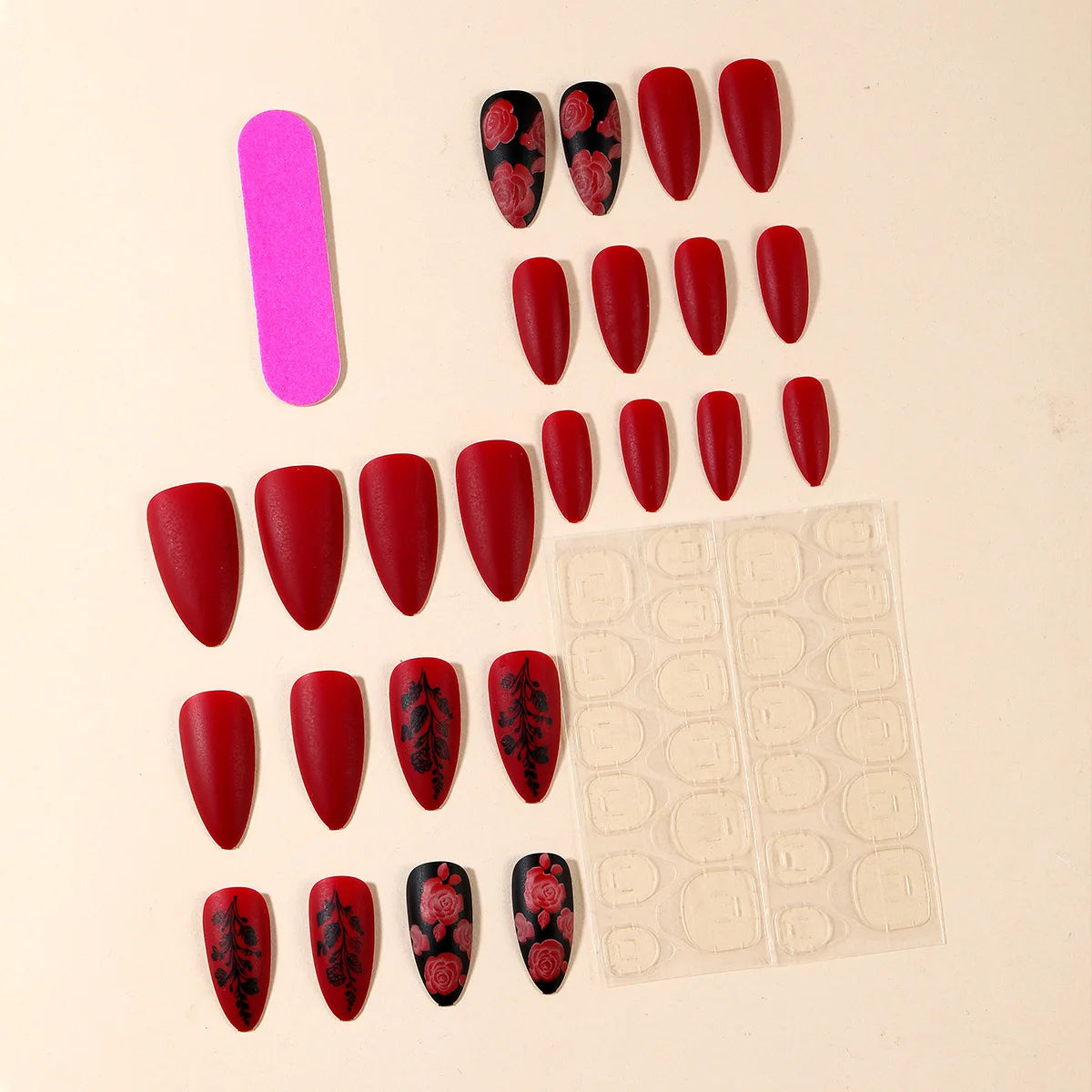 “24Pcs Matte Almond Press-On Nails – Autumn Winter Rose Leaf Design, Full Cover with Glue”