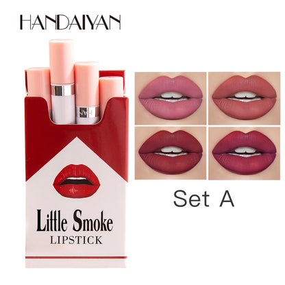 “Matte velvet lipstick set, 4pcs small size, long-lasting color, fade-resistant formula.”