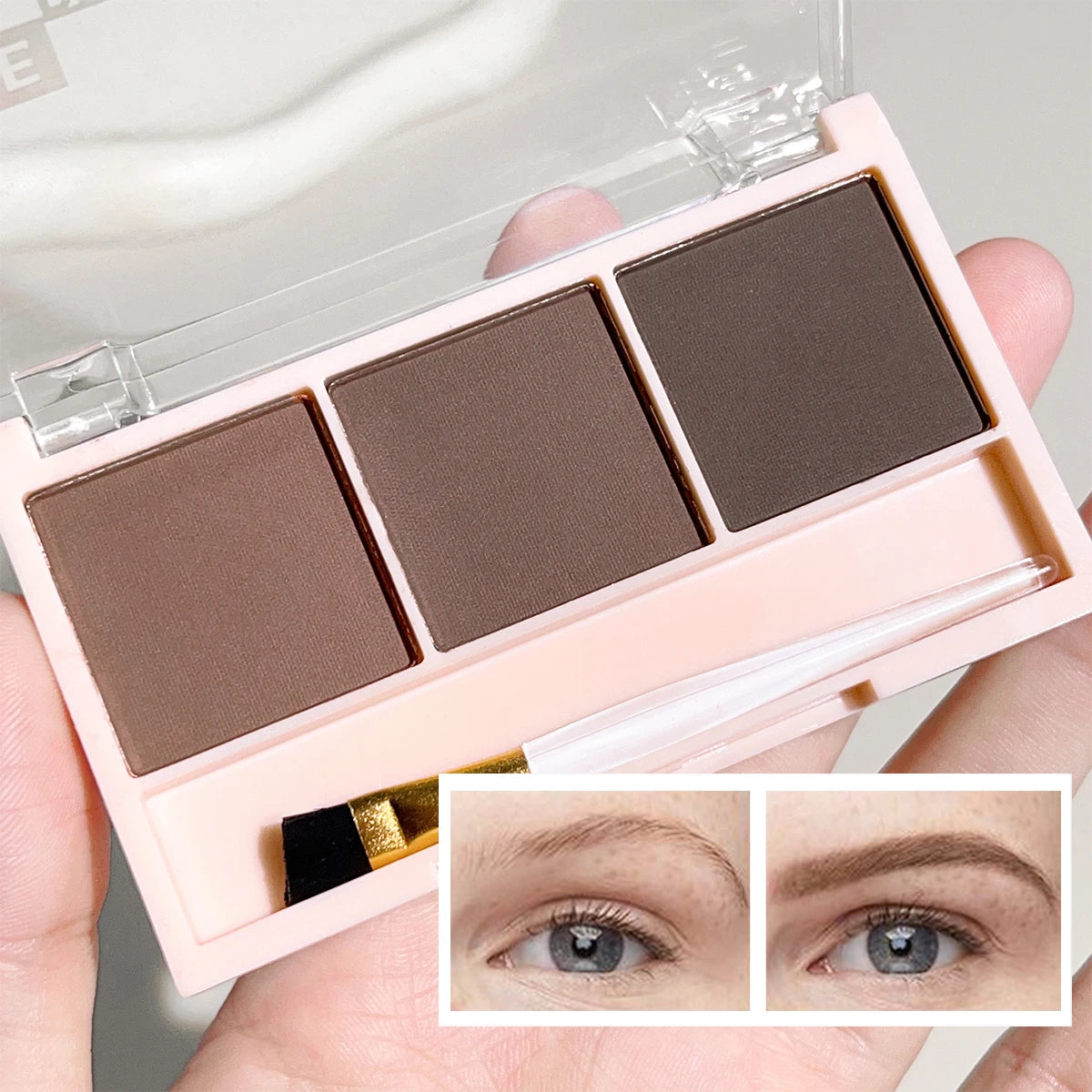 “3-Color Brow Powder Set with Brush, long-lasting, natural, versatile contour, color-resistant makeup.”