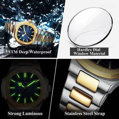 “Luxury waterproof square women’s watch with luminous date, stainless steel, quartz movement.”