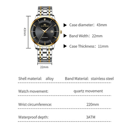 “Men’s Stainless Steel Luxury Watch, Blue-Gold Quartz, Business Style, 43mm.”