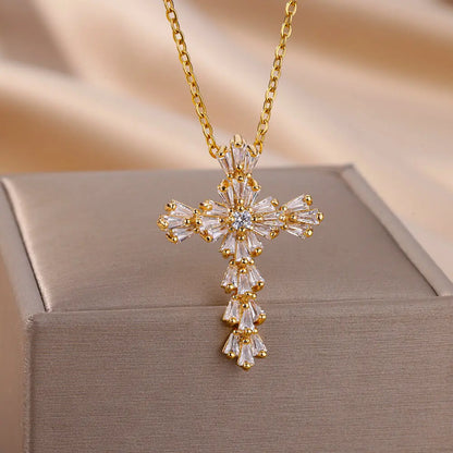 “Zircon Cross Pendant Necklace for Women - Gold Stainless Steel Jewelry.”