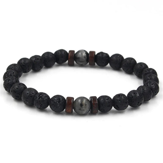 “Volcanic Stone Lava & Wooden Beads Bracelet - Tibetan Buddha Wrist Chain for Men & Women.”