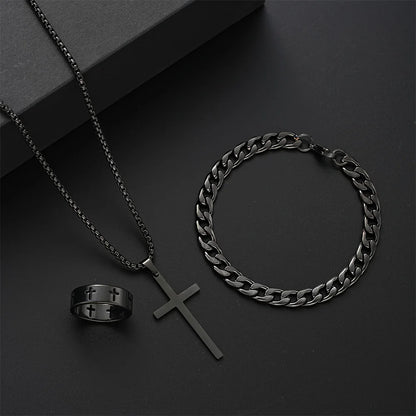 “3pcs Men’s Stainless Steel Metal Cross Pendant Set - Necklace, Bracelet, Ring for Daily Wear.”