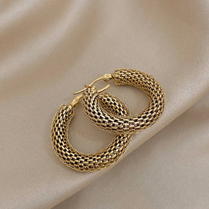 “Stainless steel gold geometric mesh hoop earrings, trendy stylish jewelry gift women.”