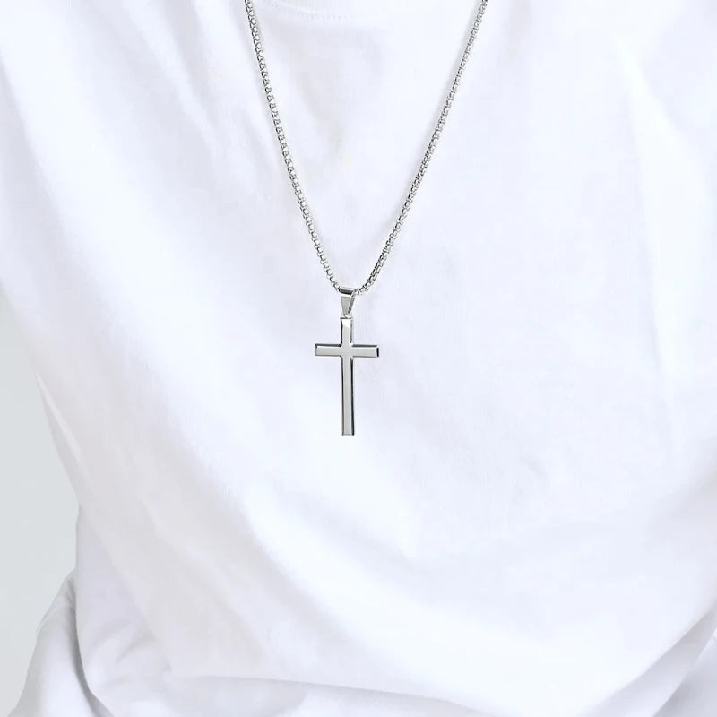 “Titanium Steel Cross Necklace - High-Quality Unisex Sweater Chain.”