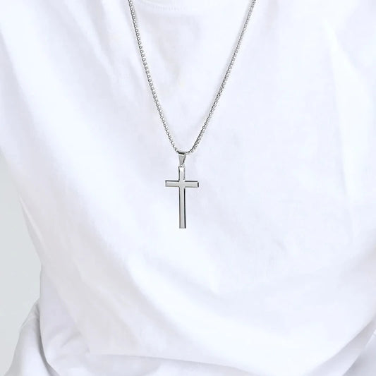 “Titanium Steel Cross Necklace - High-Quality Unisex Sweater Chain.”