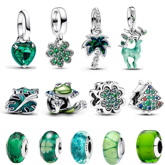 “925 Sterling Silver Green Monstera Leaves & Frog Dangle Charm - Fits Necklace & Bracelet.”