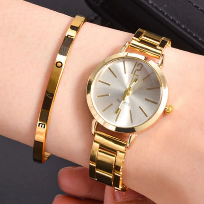 “2pcs Set Luxury Women’s Watch - Simple Dial, Hollow Strap, Gold Bracelet Quartz Wristwatch.”